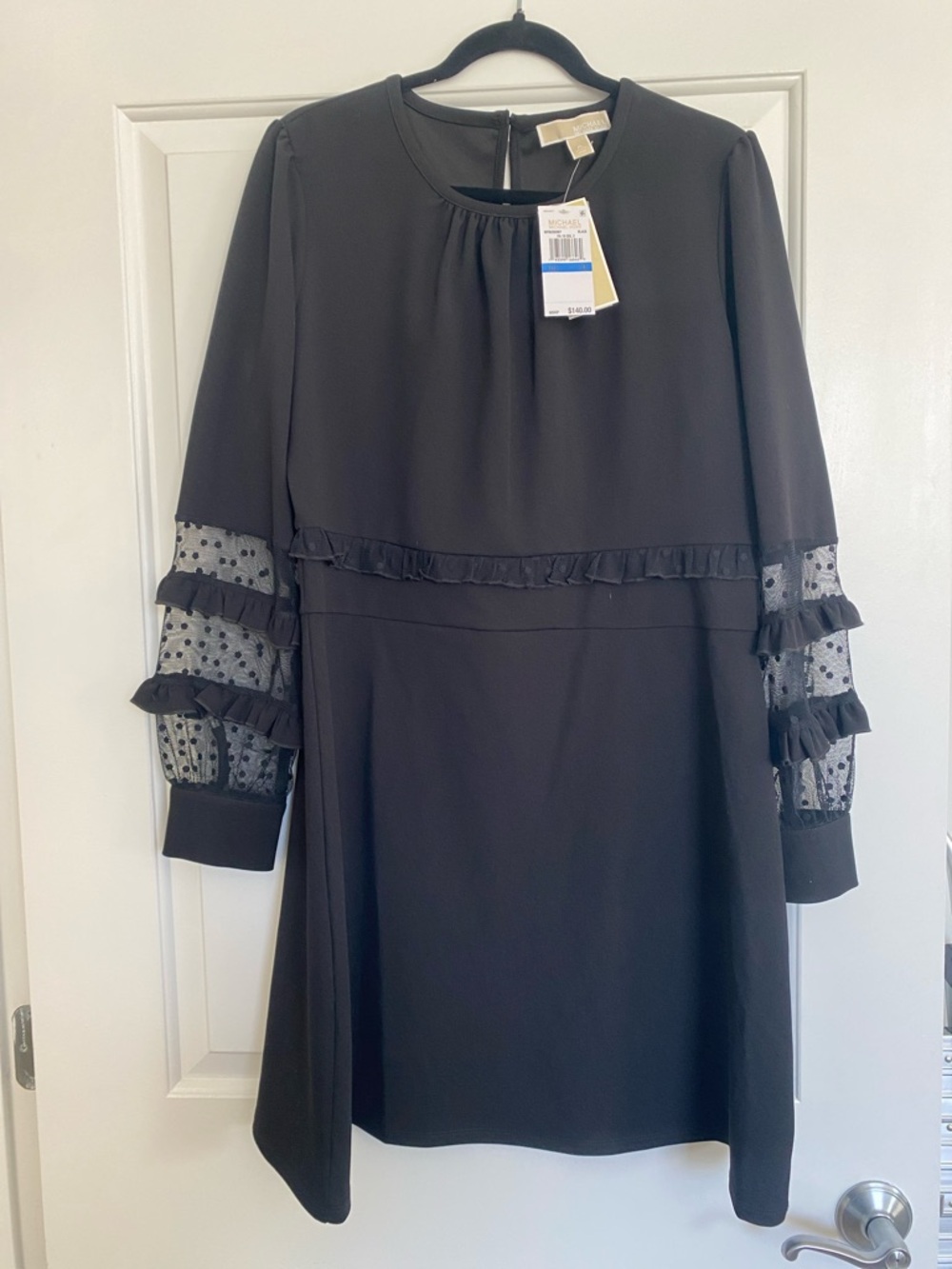 MICHAEL Michael Kors Black Long Sleeve Ruffle Dress with Sheer Polka Dot Sleeves